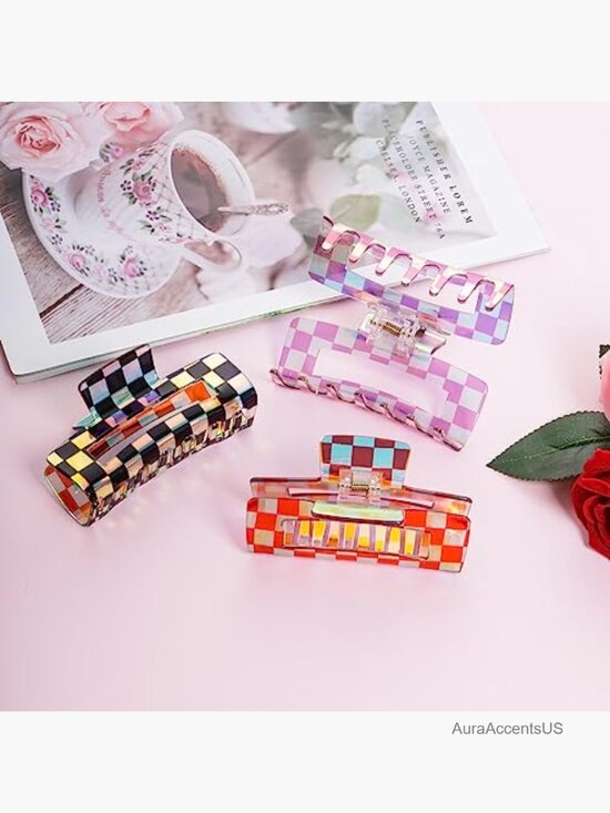 Checkered Hair Claw Clips for Thin Thick Hair Acrylic Strong Hold 6 Pack main image 3